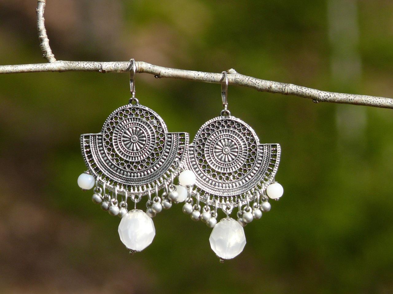 Milky White Wedding Earrings, Large Silver Filigree Chandelier Earrings, White Dangle Earrings, Fan Shaped Ethnic Chandeliers, Gift For Her