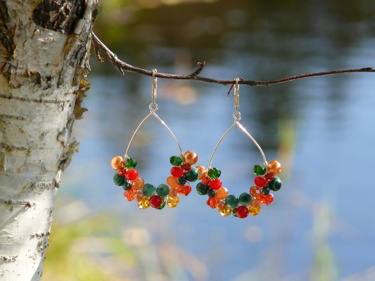 Colorful Gemstone Earrings, Green Red Orange Red Beaded Hoops, Wire Wrapped Silver Earrings, Teardrop Shaped Boho Earrings, Gift For Her