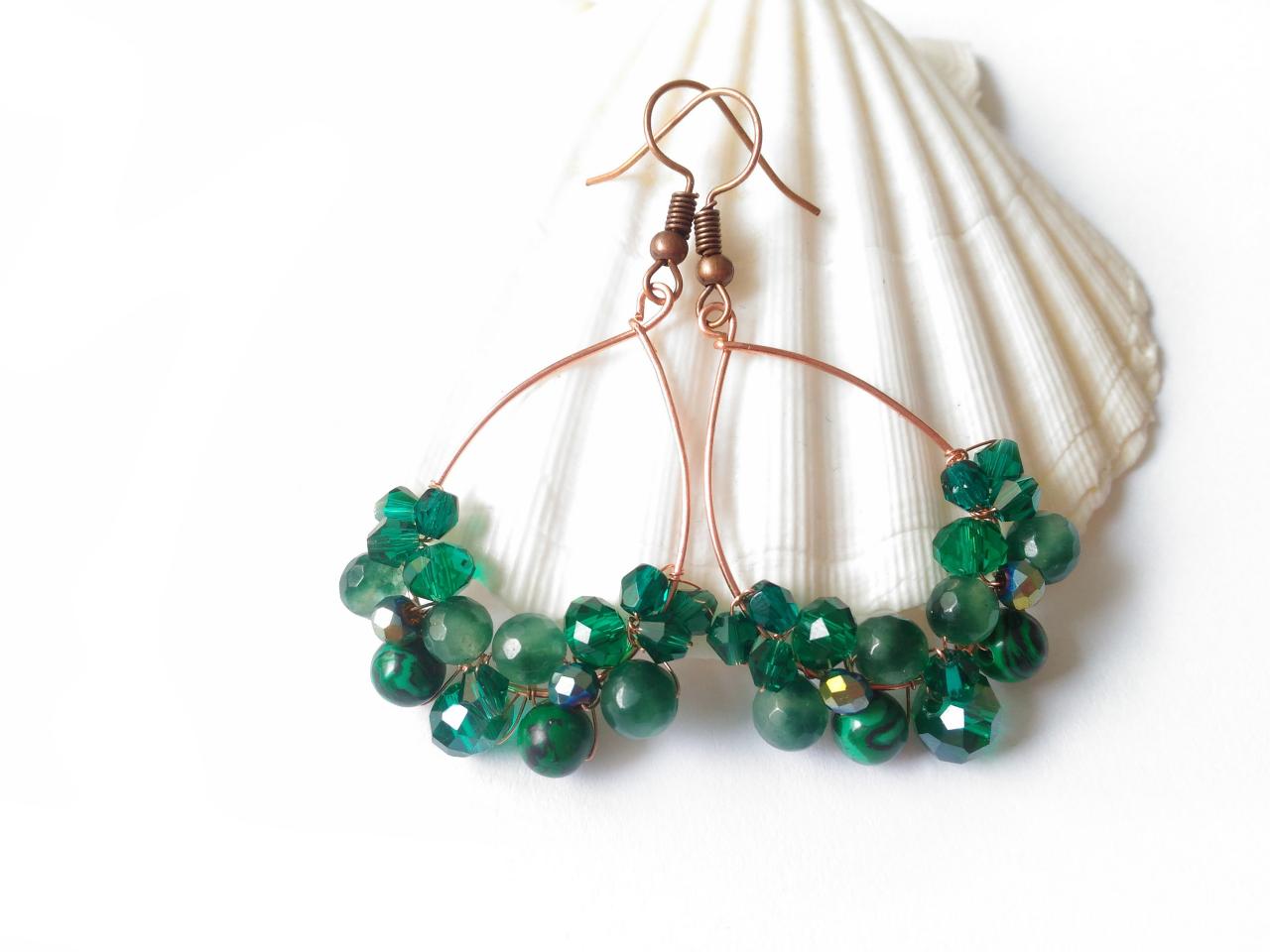 Teal Gemstone Hoops, Mixed Gemstone Earrings, Green Boho Earrings, Elegant Beaded Earrings, Wire Wrapped Copper, Statement Earrings