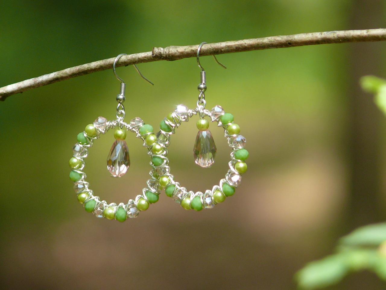 Green And Pink Lightweight Bubbly Hoops, Wire Wrapped Silver Statement Hoop Earrings, Delicate Green Pink Boho Earrings, Bohemian Jewelry