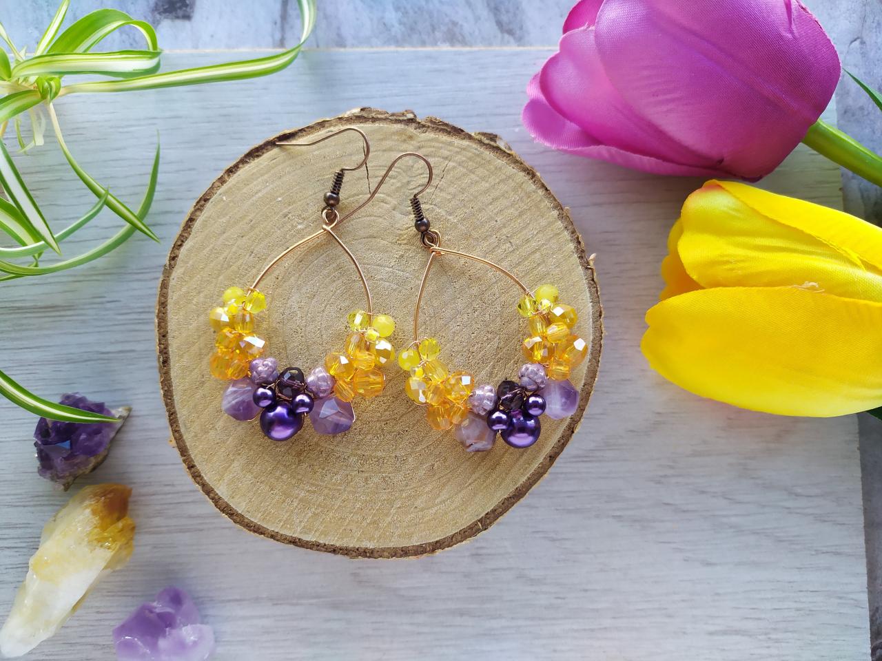 Purple Yellow Orange Hoop Earrings, Wire Wrapped Copper Hoops, Yellow Purple Amethyst Boho Earrings, Summer Happy Colored Gemstone Dangles