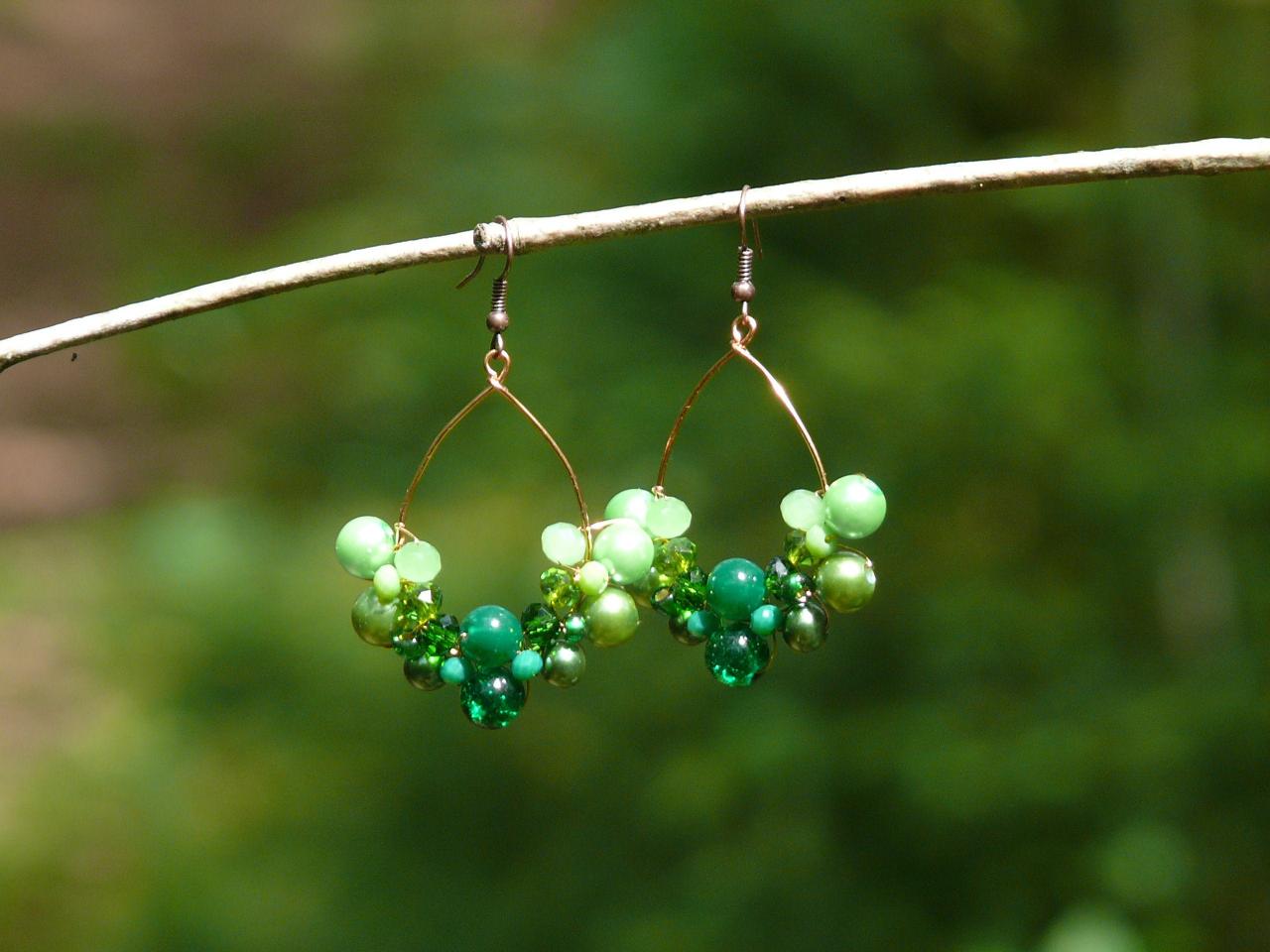 Green Chandelier Earrings, Green Boho Earrings, Green Beaded Earrings, Copper Green Earrings, Green Statement Earrings, Wire Wrapped Copper