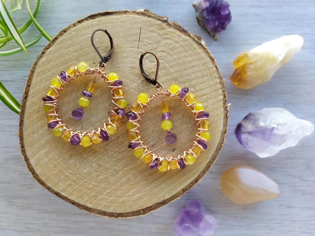 Yellow And Purple Bubbly Hoops, Amethyst Agate Gemstone Copper Earrings, Purple And Yellow Beaded Chandelier Earrings