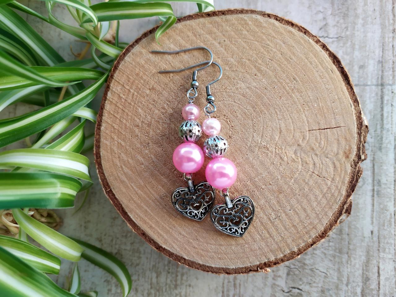 Long Pink Geart Earrings, Heart Beaded Earrings, Pink Silver Dangle Earrings, Earrings With Heart Charm, Gift For Her, Pink Pearl Hearts