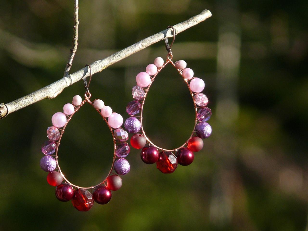 Long Purple And Red Hoops, Pink Purple Red Earrings, Wire Wrapped Copper Hoop Earrings,large Statement Earrings,3 Inch Teardrop Shaped Hoops