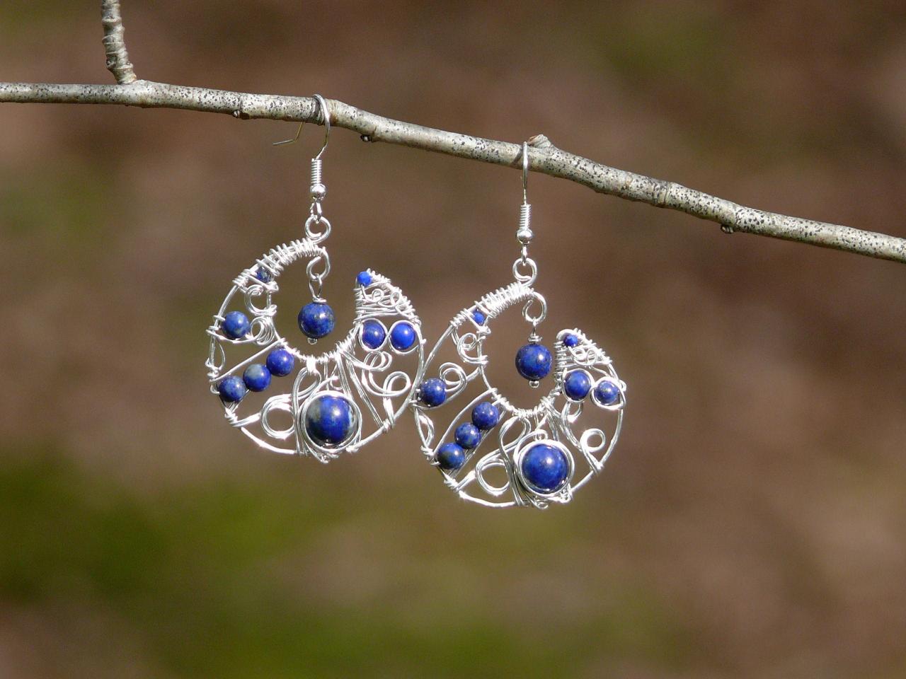 Wire Wrapped Blue Lapis Lazuli Moon Shaped Earrings, Crescent Moon Blue Boho Earrings With Gemstone, Blue Crystal Wire Wrapping Dangles