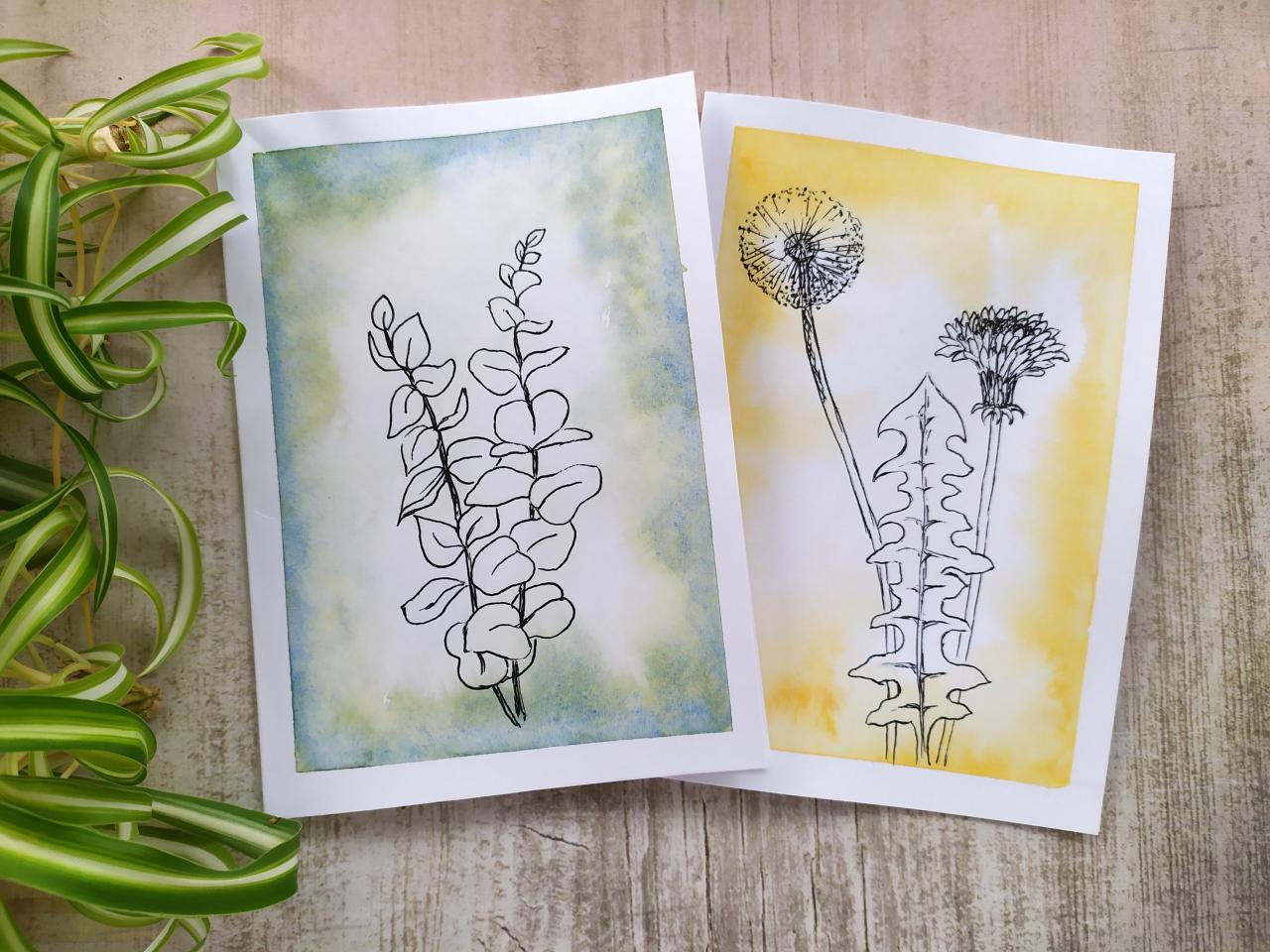 Botanical Watercolor Greeting Card For Her, Gifting Card With Hand-drawn Flower, Friends Green Eucalyptus Yellow Dandelion Birthday Card