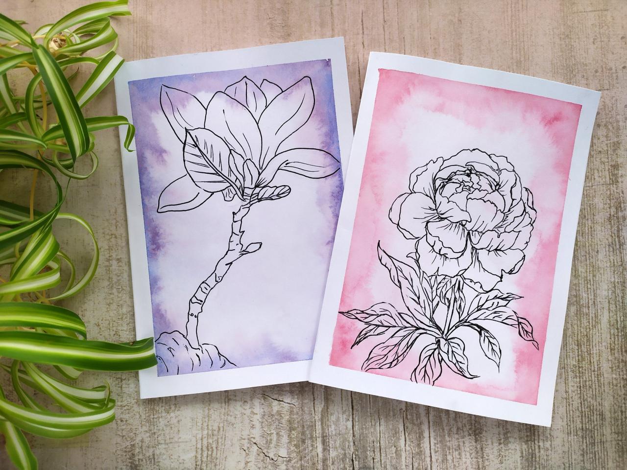 Botanical Watercolor Greeting Card For Her, Gifting Card With Hand-drawn Flower, Friends Pink Purple Birthday Card,peony Magnolia Cards