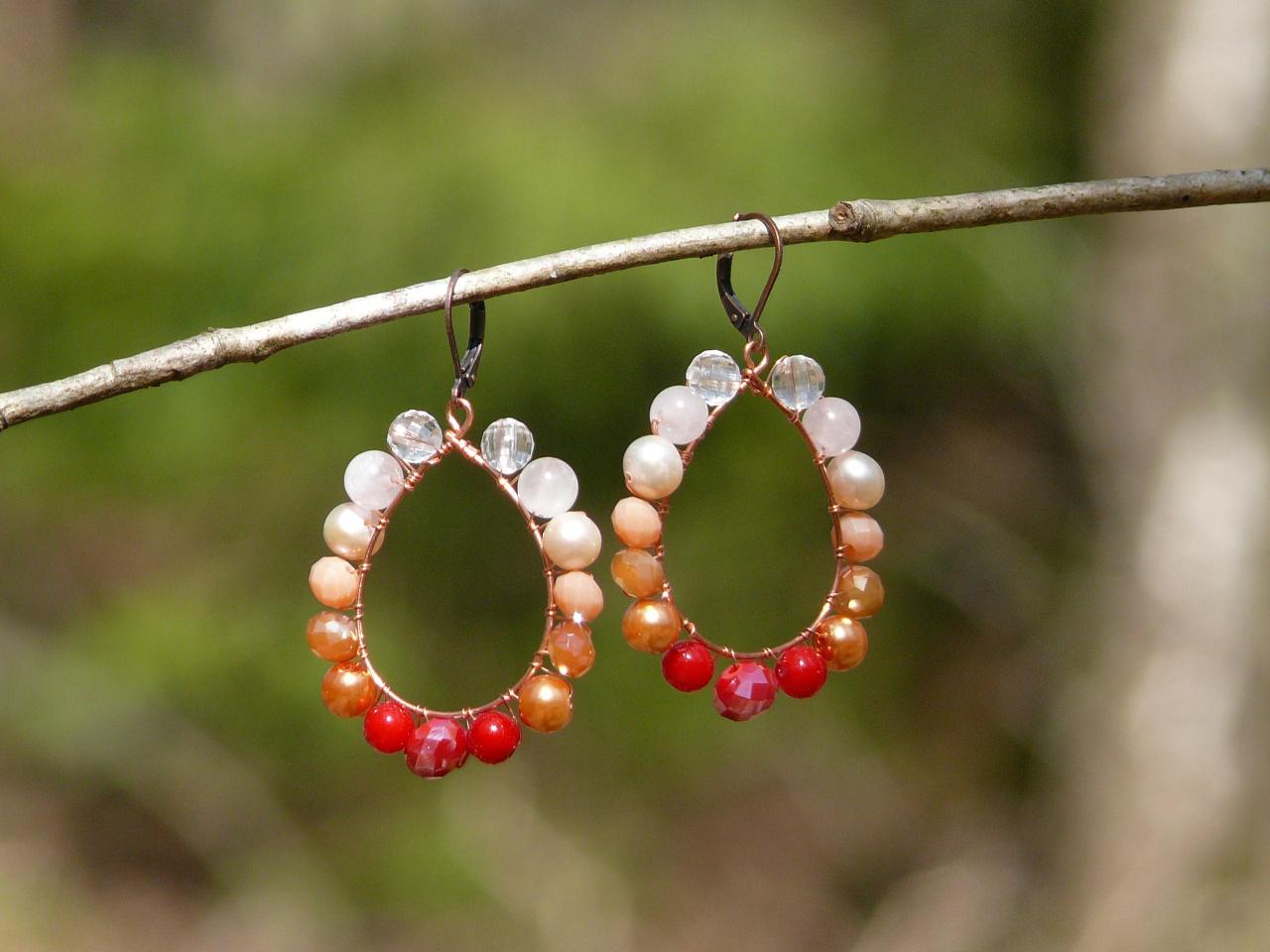 Pink Orange Red Hoop Earrings With Pearls, Wire Wrapped Copper Earrings With Rose Quartz, Orange Boho Earrings, Red Small Hoops,gift For Her