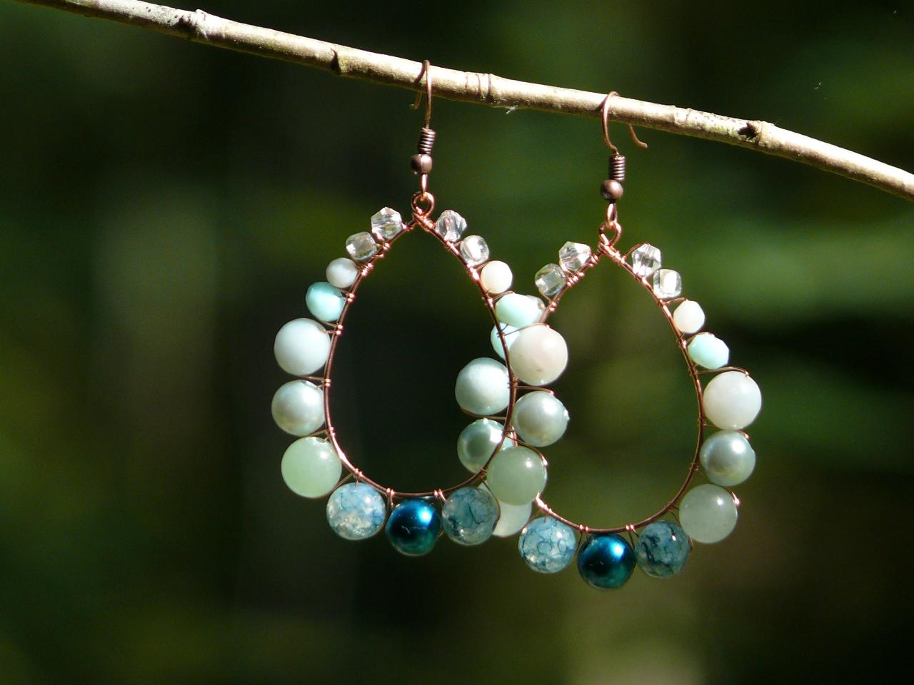 Mixed Gemstone Mermaid Hoop Earrings, Mermaid Jewelry, Turquoise Earrings, Blue Green Wire Wrapped Earrings, Long Bohemian Earrings