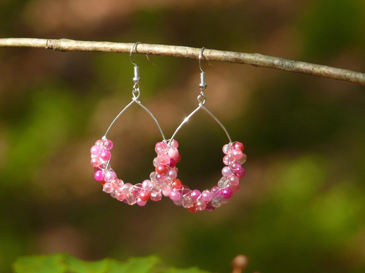 Pink Earrings, Barbie Pink Earrings, Wire Wrapped Boho Earrings, Pink Hoop Earrings, Mixed Pink Bohemian Dangle Earrings, Gift For Her