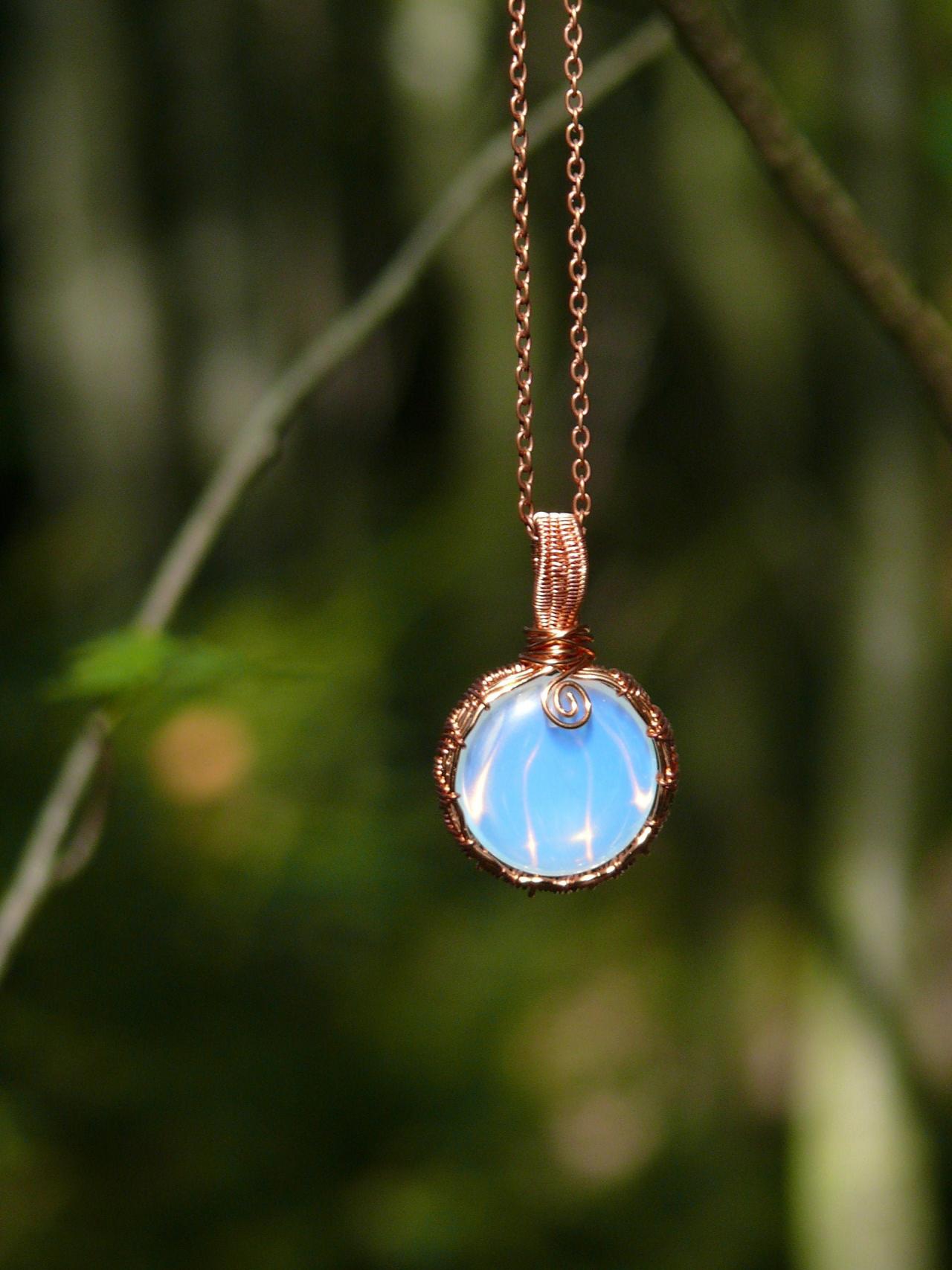 Wire Wrapped Opalite Necklace, Copper Wrapped Stone Necklace, White Boho Pendant, Opalescent Milky White Glass Stone Pendant, Blue Pendant
