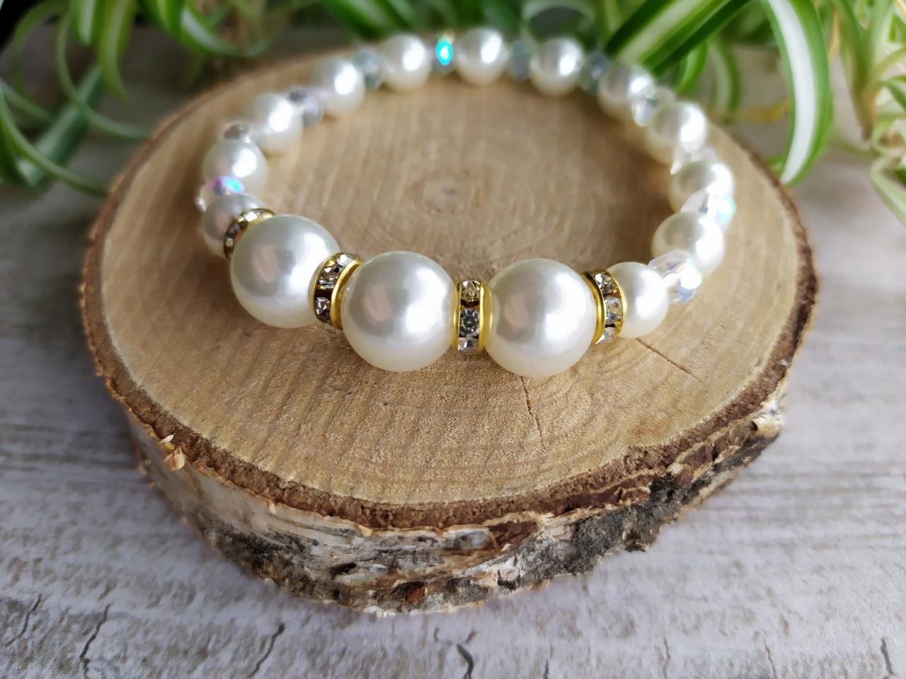 Simple white pearl stretch wedding bracelet, Ivory pearl bracelet for bride,Elegant white and bold bridal bracelet with pearl and rhinestone