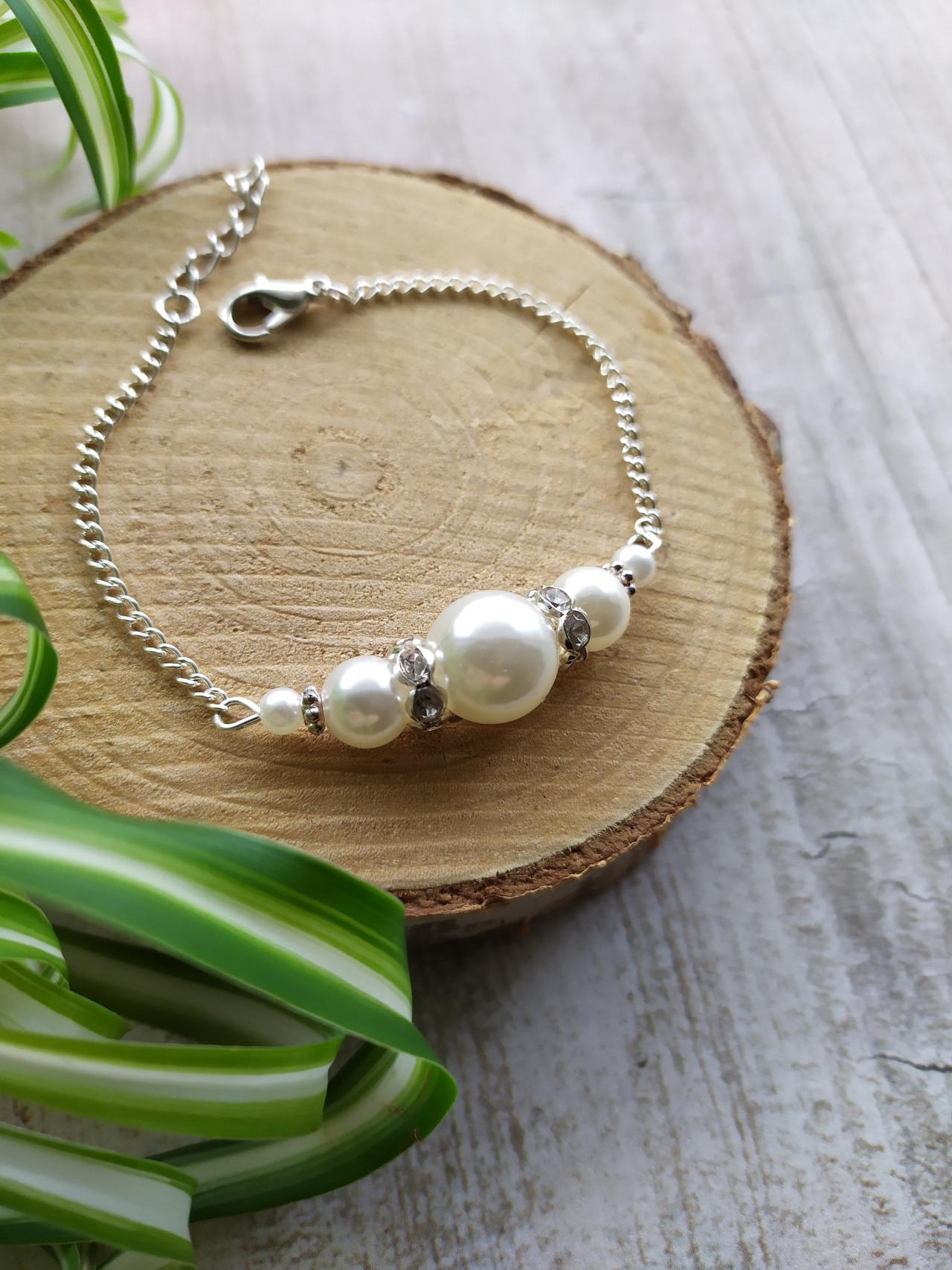 Simple White Pearl Wedding Bracelet, Ivory Pearl Bracelet For Bride, Elegant White And Silver Bridal Bracelet, Pearl And Rhinestone Jewelry