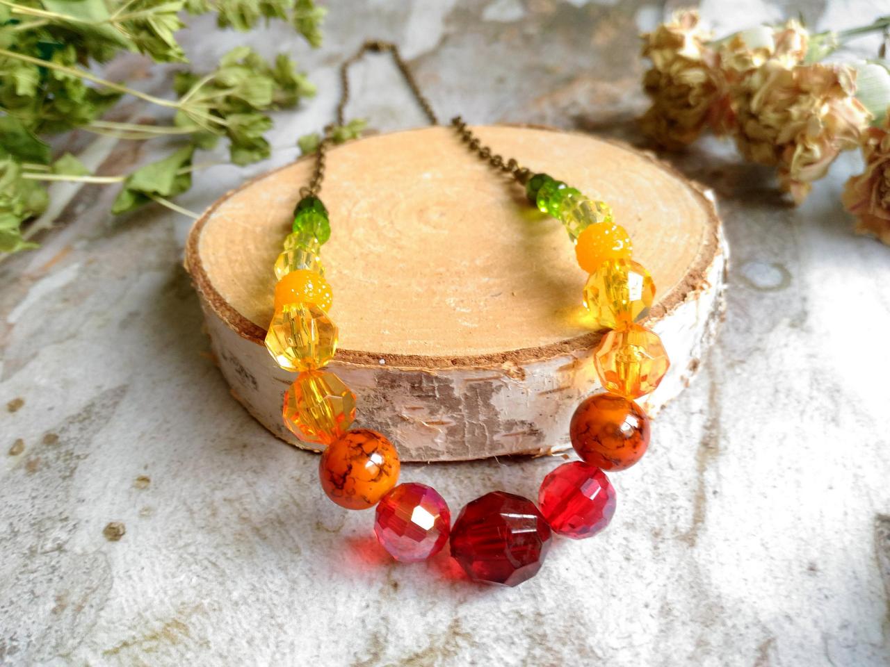 Autumn Beaded Necklace, Green Yellow Orange Red Ombre Necklace, Bronze Chain Beaded Necklace, Seasonal Boho Necklace, Gift For Her