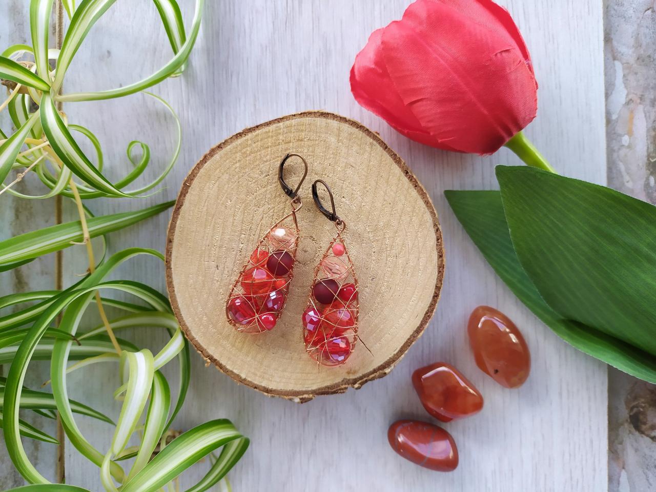 Wire Wrapped Drop Earrings In Red, Red And Copper Earrings, Mismatched Red Bohemian Earrings,red Boho Dangles,statement Jewelry,gift For Her