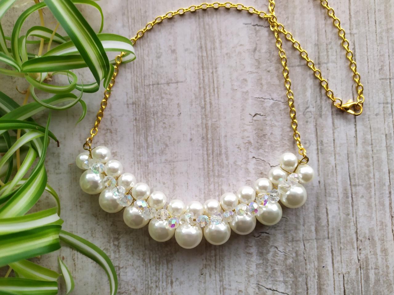 Bold white wedding necklace,Beaded pearl white bib necklace,Elegant ivory and gold bridal necklace,Wire wrapped white and gold boho necklace