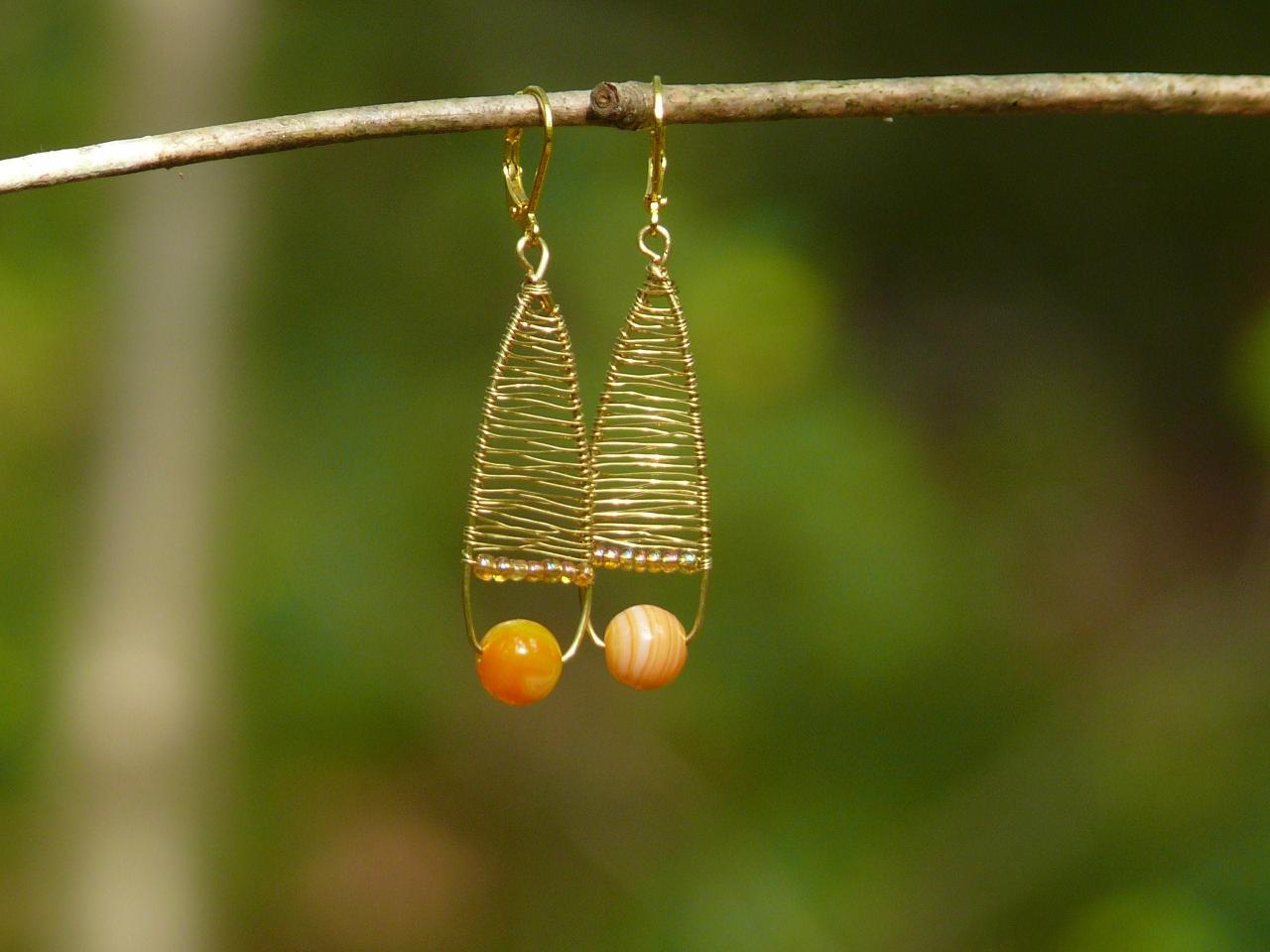 Bohemian Orange Earrings, Wire Wrapped Gold Earrings With Agate Gemstone, Gemstone Drop Earrings, Dainty Wire Earrings, Statement Jewelry