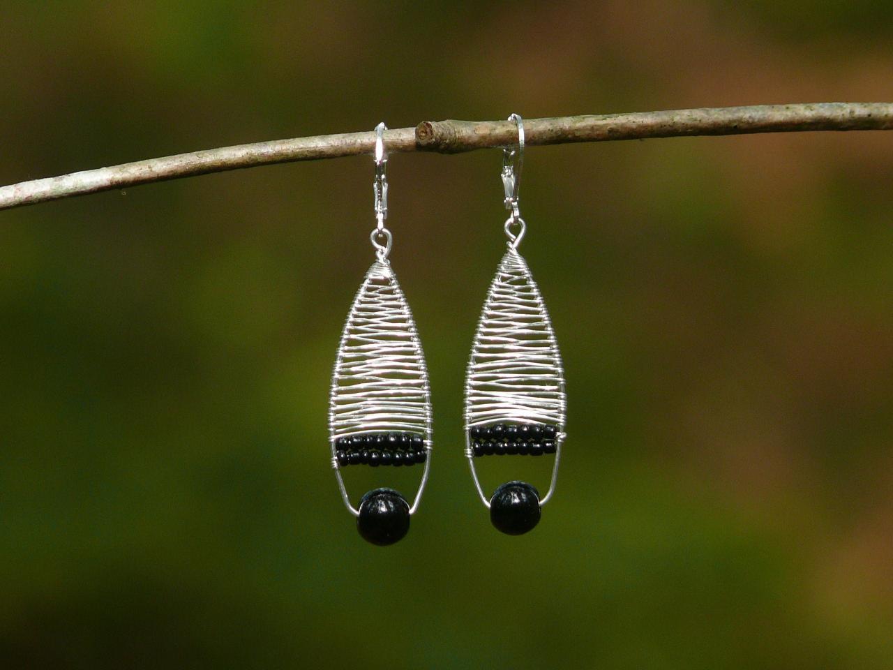 Elegant Black And Silver Earrings, Wire Wrapped Silver Earrings With Black Beads, Black Boho Earrings,dainty Wire Earrings,statement Jewelry