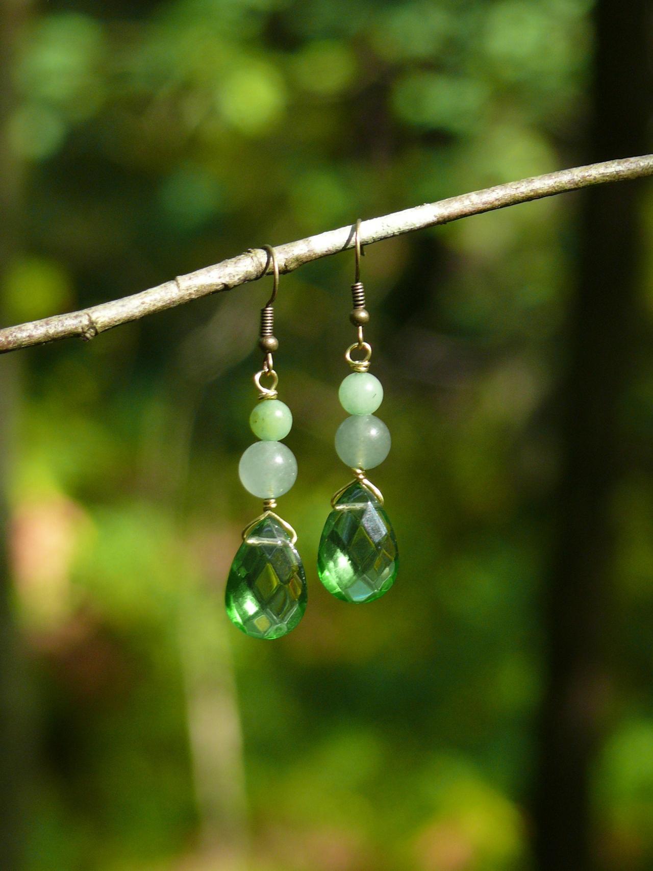 Green Mixed Gemstone Earrings, Aventurine And Jade Earrings, Green Boho Drop Earrings, Dainty Gemstone Drops, Crystal Green Earrings