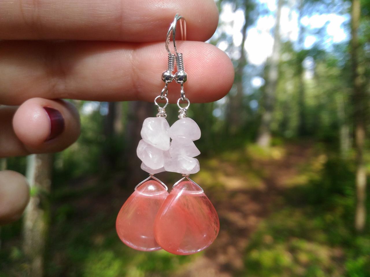 Mixed Gemstone Earrings, Cherry Quartz And Rose Quartz Earrings, Pink Drop Earrings, Dainty Gemstone Drops,crystal Pink Earrings