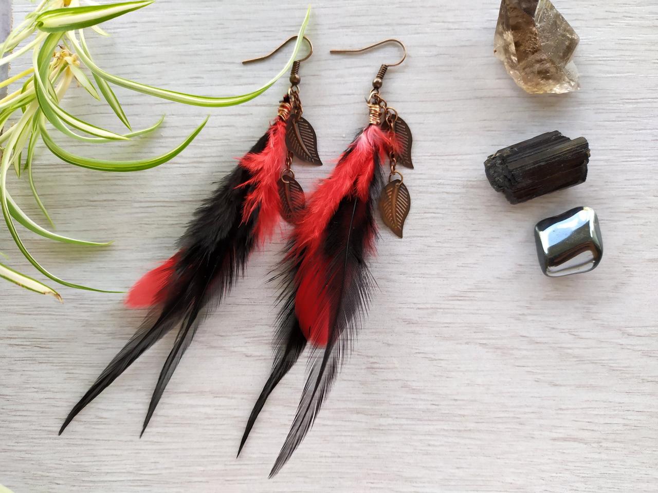 Long Black And Red Boho Feather Earrings, Long Chandeliers With Black Red Feathers, Red And Copper Bohemian Dangle Earrings With Feathers