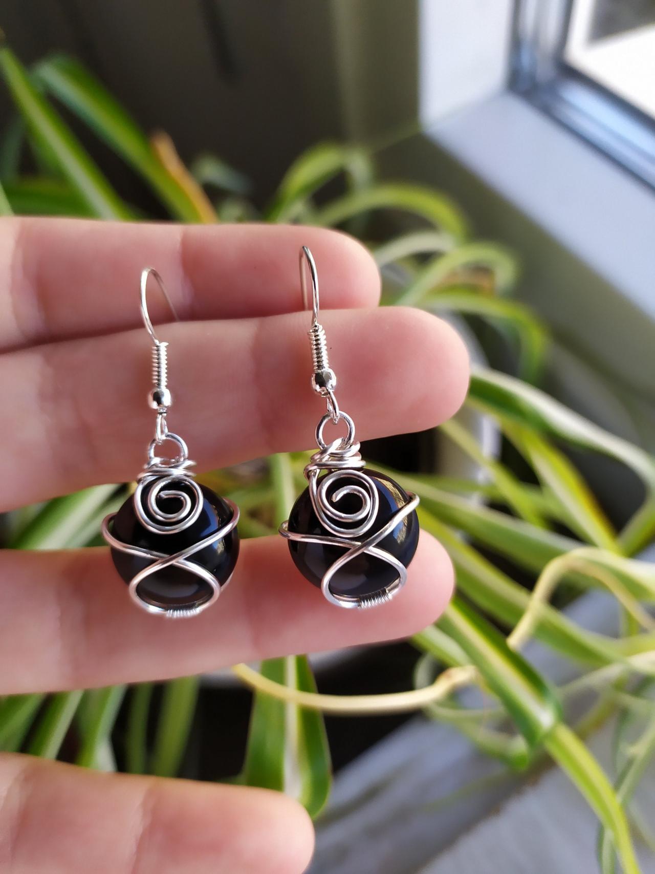 Tiny Wire Wrapped Black Agate Earrings, Black Boho Dangles, Minimalist Wire Wrapped Silver Gemstone Earrings, Round Spiral Wrapped Dangles
