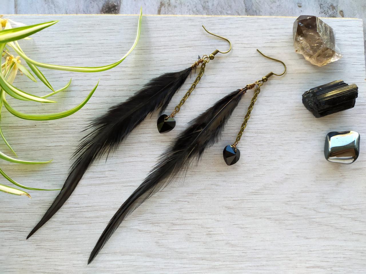 Long Black Boho Feather Earrings, Long Chandeliers With Black Feathers And Swarovski Hearts, Black And Bronze Bohemian Dangle Earrings