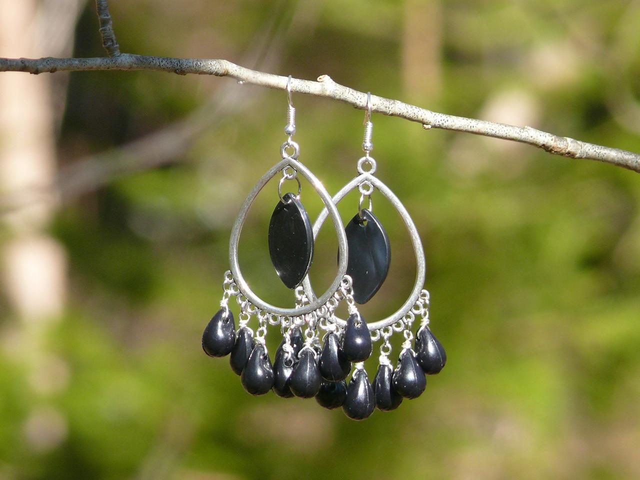 Black And Silver Chandeliers, Black Wire Wrapped Earrings, Bohemian Hoops, Black Drop Hoop Earrings, Black Boho Jewelry, Statement Earrings