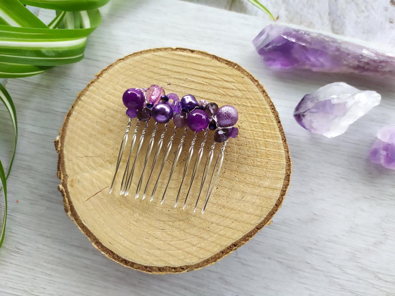 Dark Purple Wedding Hair Comb, Purple Beaded Slide Comb, Bridesmaid Hair Accessory, Gothic Wedding Bohemian Hair Comb, Purple Hair Jewelry