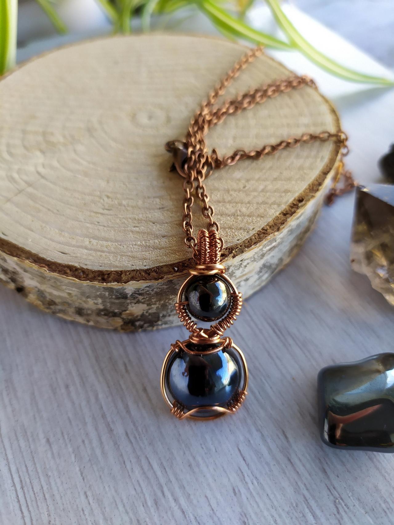 Dark Grey Wire Wrapped Copper Pendant, Ferric Hematite Gemstone Necklace,elegant Black Stone Necklace,black And Copper Boho Crystal Necklace