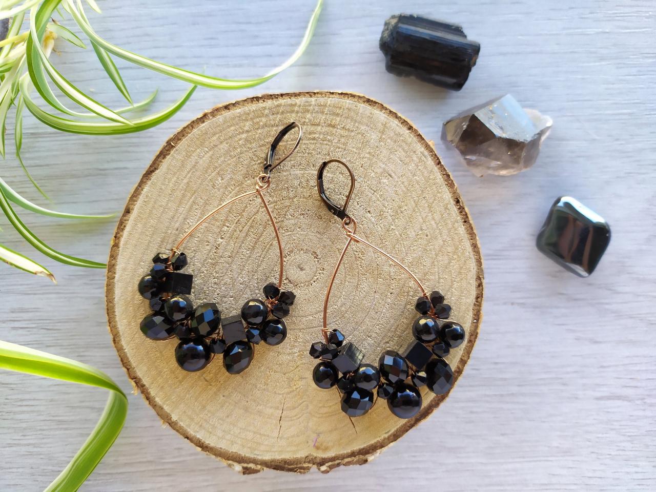Black Beaded Earrings, Black Wire Wrapped Copper Earrings, Bohemian Hoops, Black Crescent Moon Earrings, Boho Jewelry, Statement Earrings