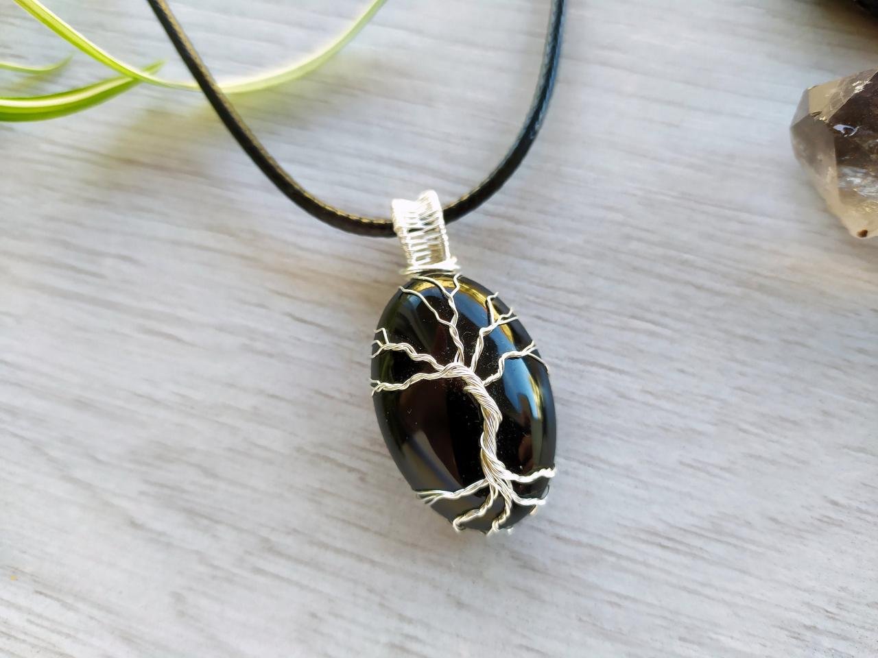Black Wire Wrapped Tree Of Life Pendant, Black Agate Gemstone Necklace, Elegant Agate Stone Necklace, Black Boho Crystal Necklace