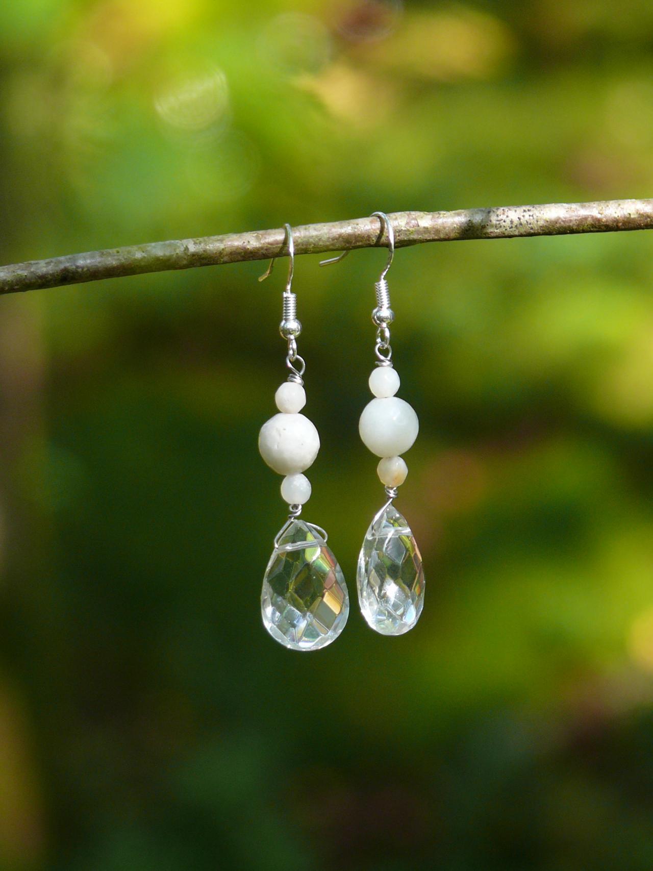 Amazonite Gemstone Earrings, Elegant Clear Earrings, White Silver Drop Earrings, Dainty Gemstone Drops, Crystal Clear Earrings