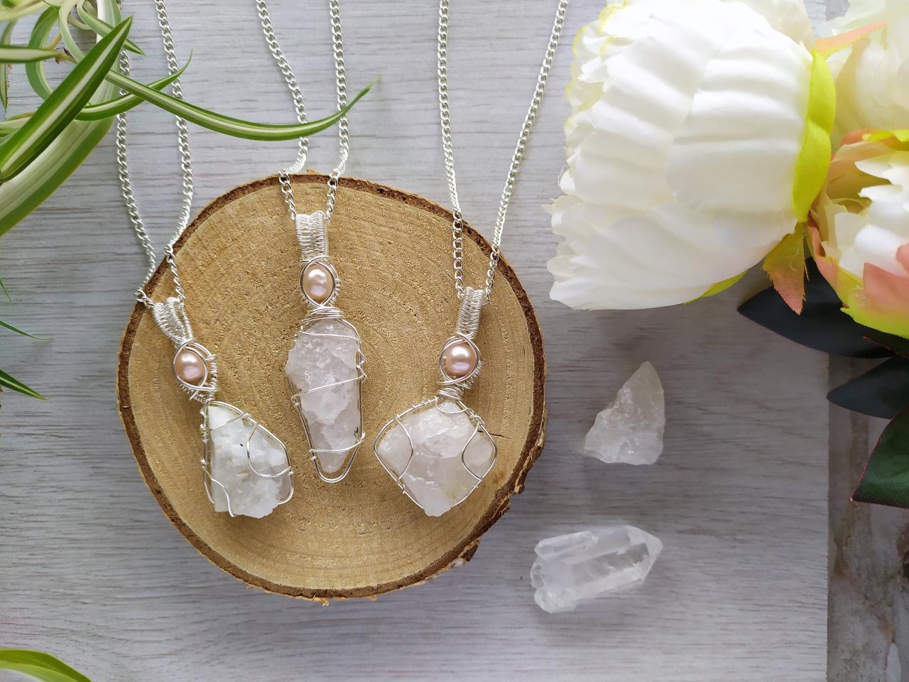 Wire Wrapped Snow Quartz And Pearl Pendant, Pearl & Stone Collection, White Bridal Pendant, Crystal Quartz Freshwater Pearl Boho Necklace