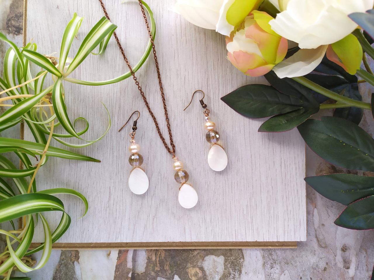 Sweet Water Pearl Earrings And Necklace, Dangle Pearl Earrings, Champagne Pearl Earrings, Pearl Jewelry Set, Elegant Jewelry For Gifting.