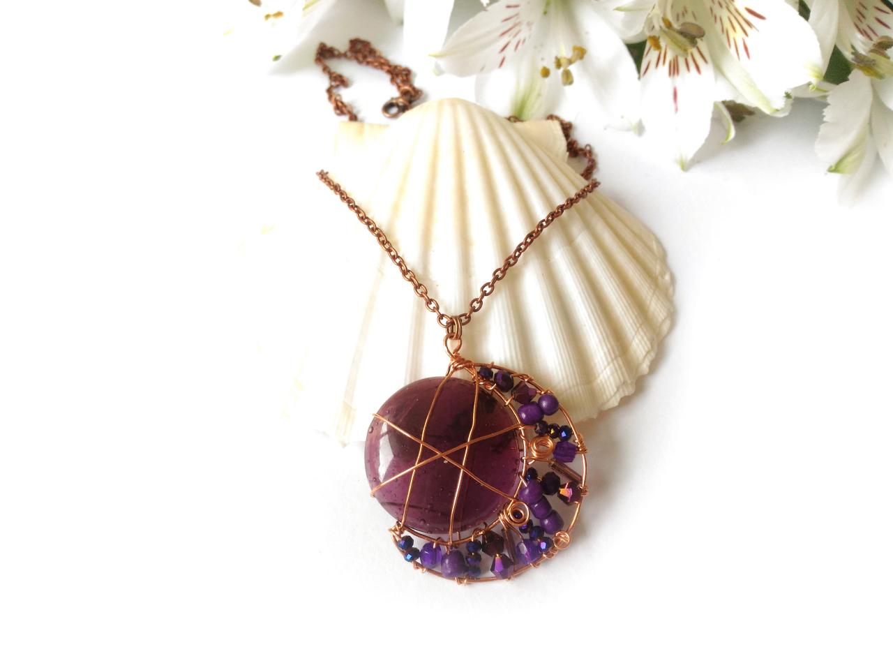 Purple Crescent Moon Necklace, Wire Wrapped Pendant, Purple Magical Moon Necklace, Wire Wrapped Copper Pendant, Bohemian Necklace.