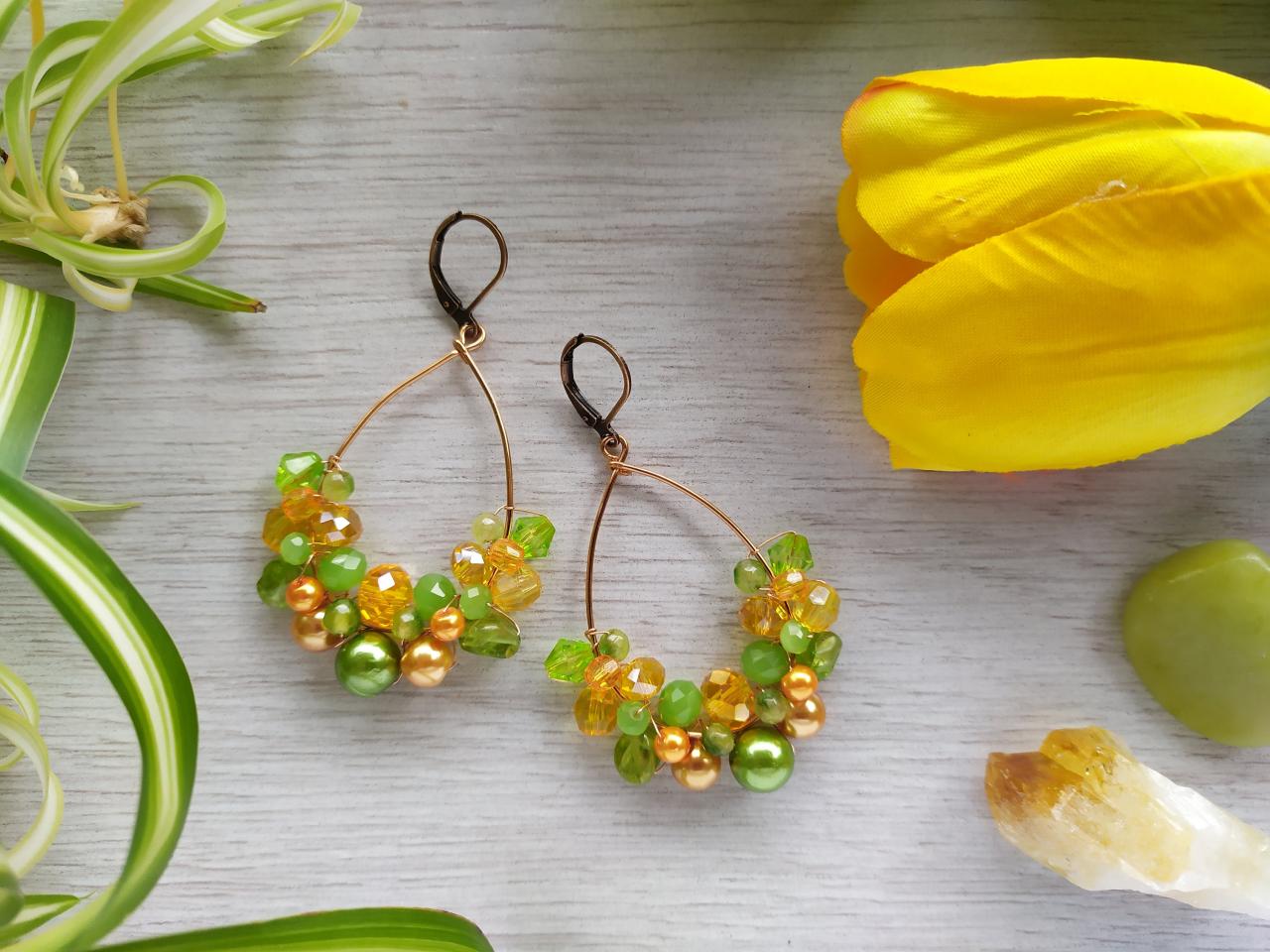 Orange Green Bubbly Hoops, Green Boho Chandelier Earrings, Teardrop Shaped Hoop Earrings, Wire Wrapped Copper Dangle, Bohemian Earrings.