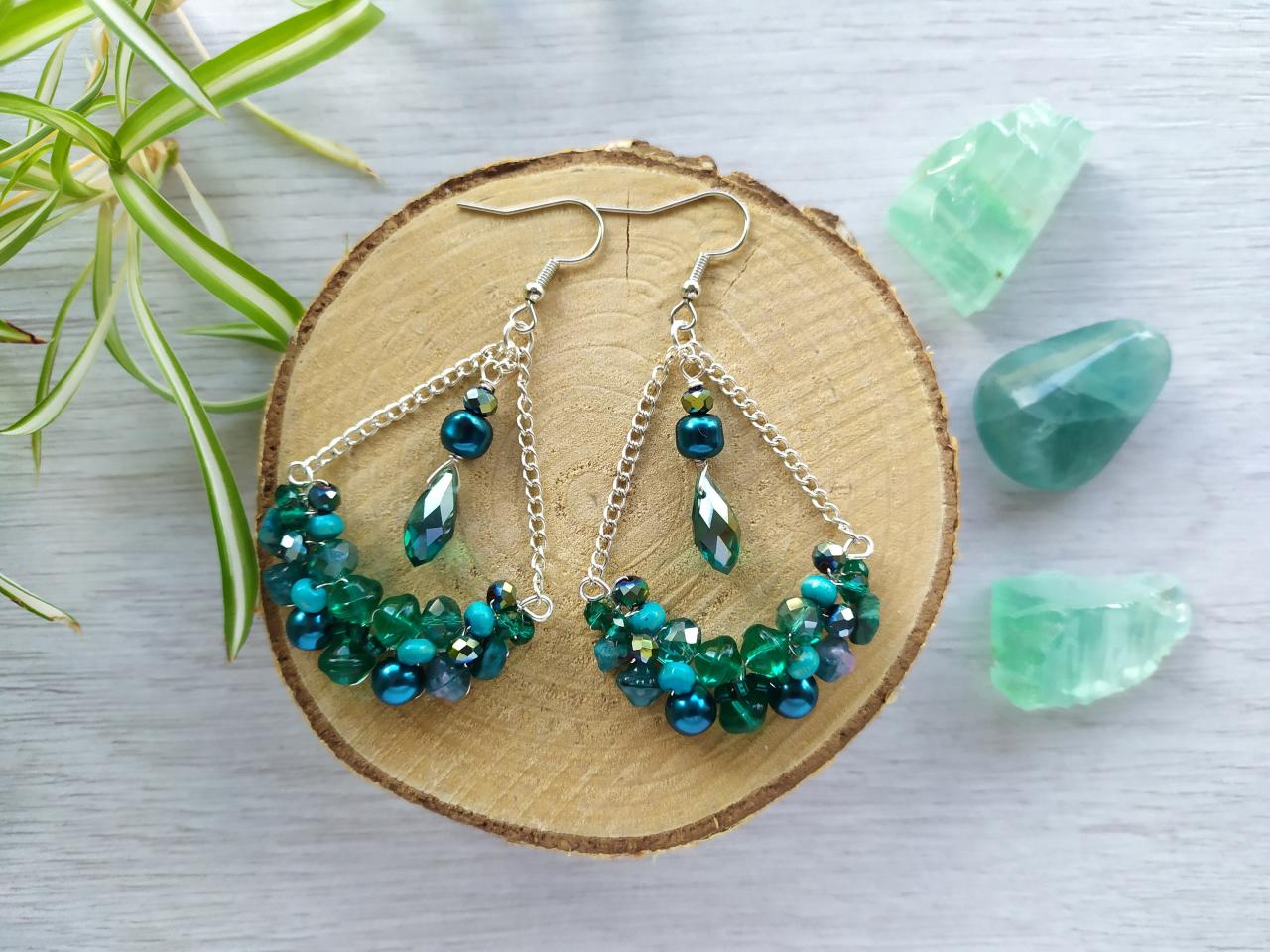 Teal Bubbly Swings, Wire Wrapped Silver And Blue Green Bohemian Earrings With Chrysocolla, Teal Silver Chandelier Earrings.