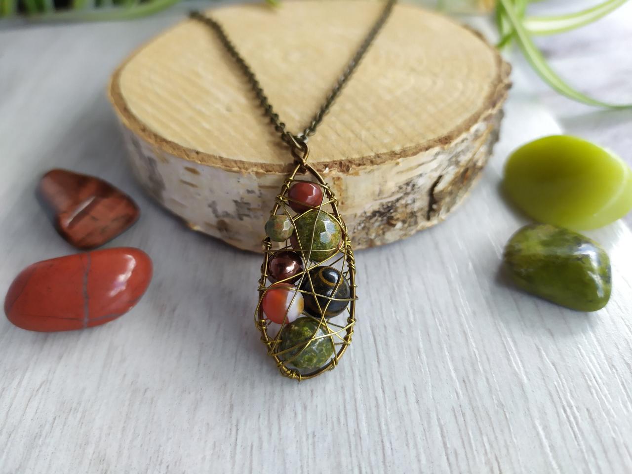 Brown Green Mixed Gemstone Necklace, Unakite, Agate, Mookaite, Tigers Eye Necklace, Nature Inspired Wire Wrapped Bohemian Pendant.