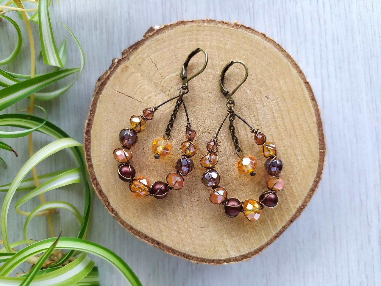 Brown Orange Boho Hoops, Bohemian Hoop Earrings With Dangle, Brown Chandelier Earrings, Brown Bronze Gypsy Earrings, Wire Wrapped Hoops.