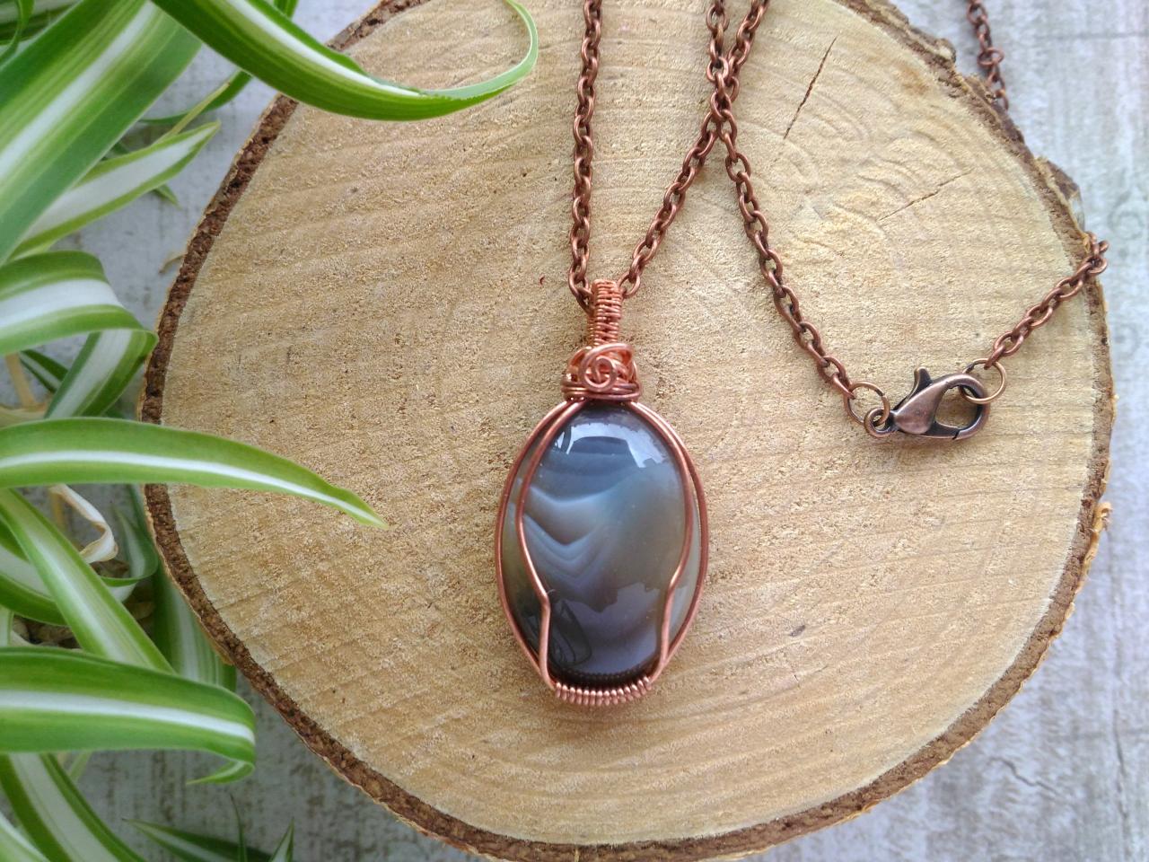 Brown Agate Pendant, Wire Wrapped Copper Necklace, Wire Gemstone Pendant, Grounding Chakra Necklace, Oval Shaped Agate Wire Wrap Pendant.