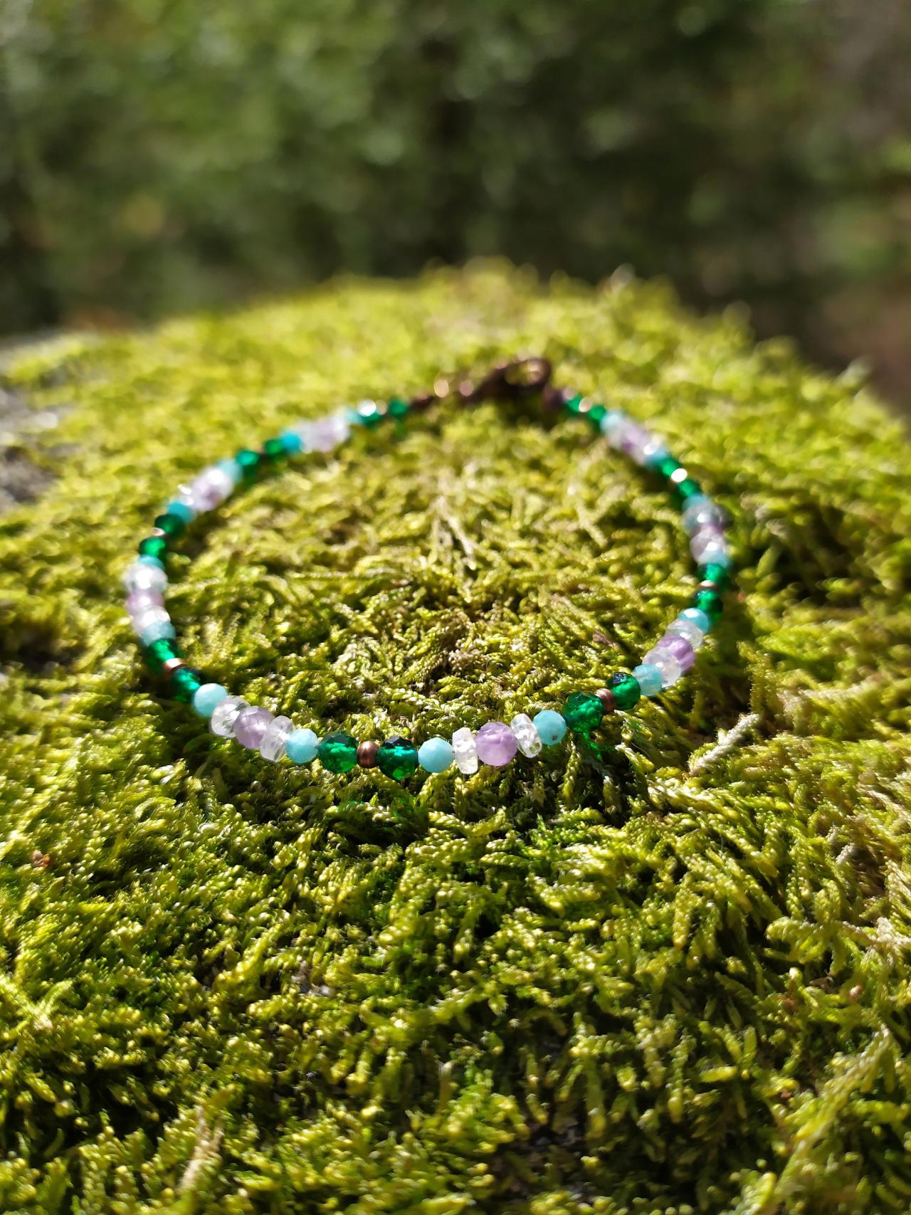Spring collection:Green and purple dainty bracelet, Amethyst Rainbow Moonstone Amazonite gemstone bracelet,Purple and teal delicate bracelet.