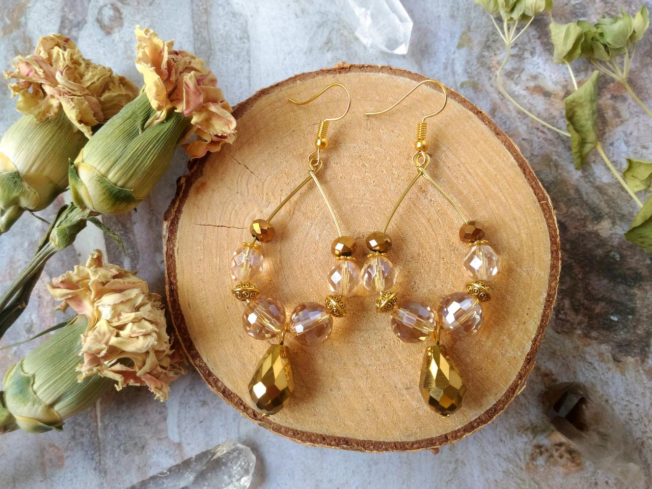 Sparkles Collection - Gold Boho Hoops With Drop, Bohemian Hoop Earrings, Golden Chandelier Earrings, Sparkly Gypsy Earrings, Gift For Her.