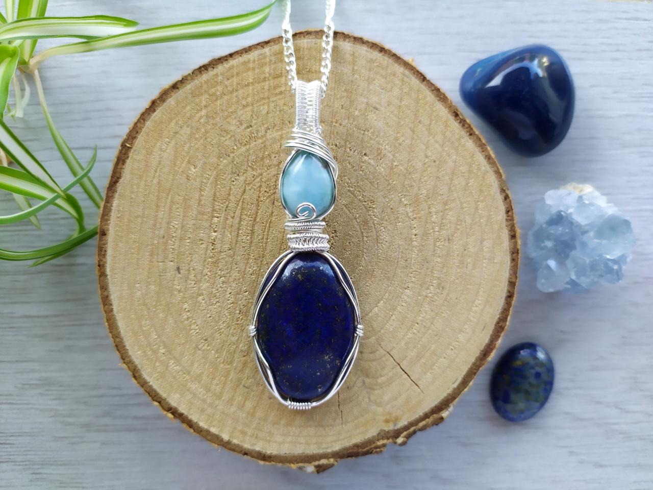 Wire Wrapped Lapis Lazuli And Larimar Pendant, Dark Blue Double Gemstone Necklace, Large Ocean Inspired Pendant, Blue Boho Crystal Necklace.