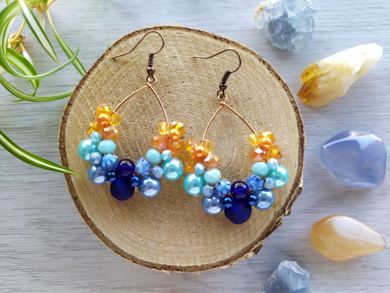 Orange And Blue Earrings, Wire Wrapped Bohemian Sunset Earrings, Summer Vibes Earrings, Ombre Beach Boho Earrings, Statement Jewelry.