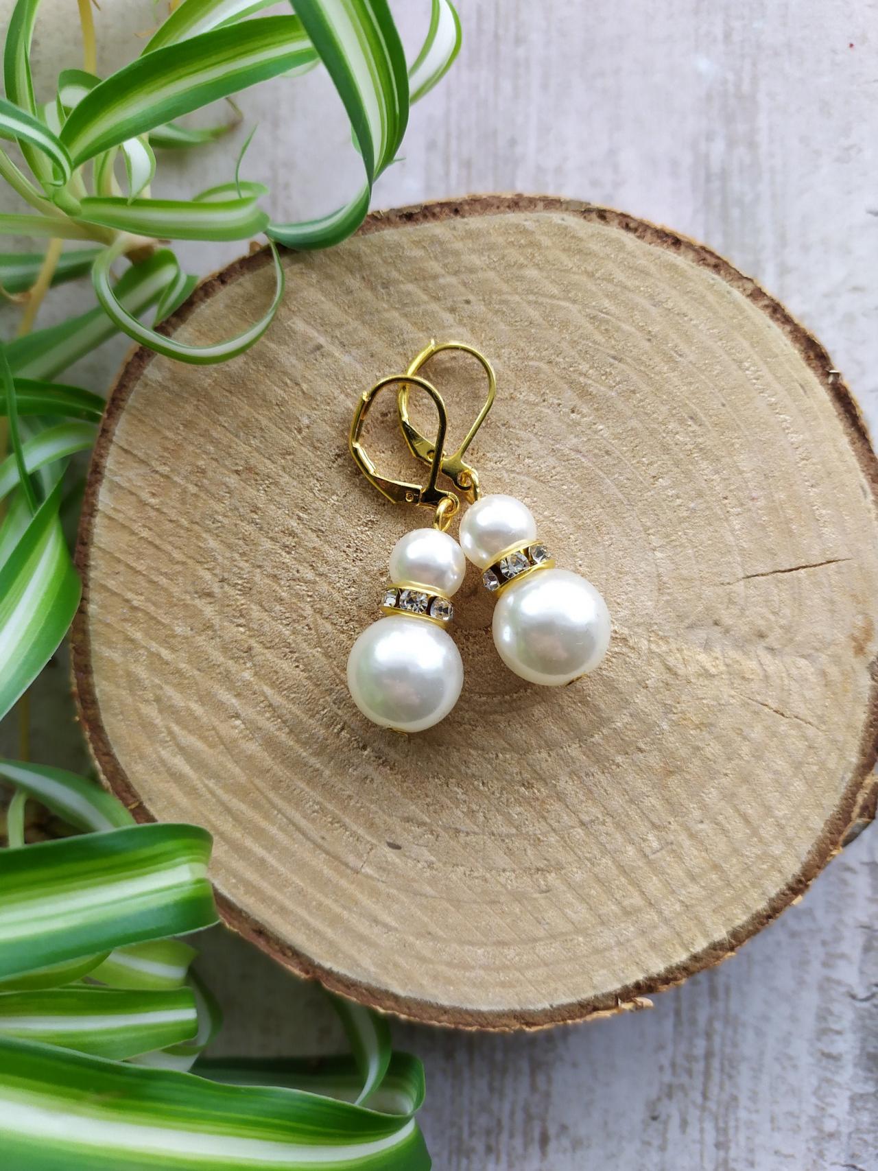 Small Wedding Earrings, Dainty Pearl White Dangles, Elegant Ivory And Gold Bridal Earrings, Lightweight Pearl And Rhinestone Drop Earrings.