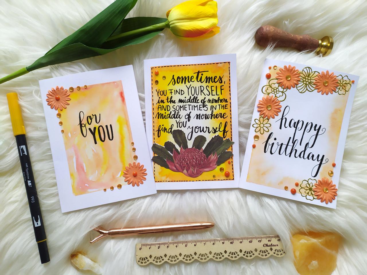 Happy Birthday Floral Quote Greeting Card, Gifting Card With Inspirational Quote, Supportive Orange Greeting Card, Watercolor Lettering Card,