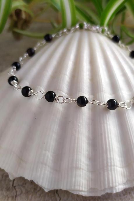 Black Agate bead chain bracelet, Black boho gemstone bracelet, Dark natural stone bracelet, Gypsy delicate bohemian jewelry bracelet