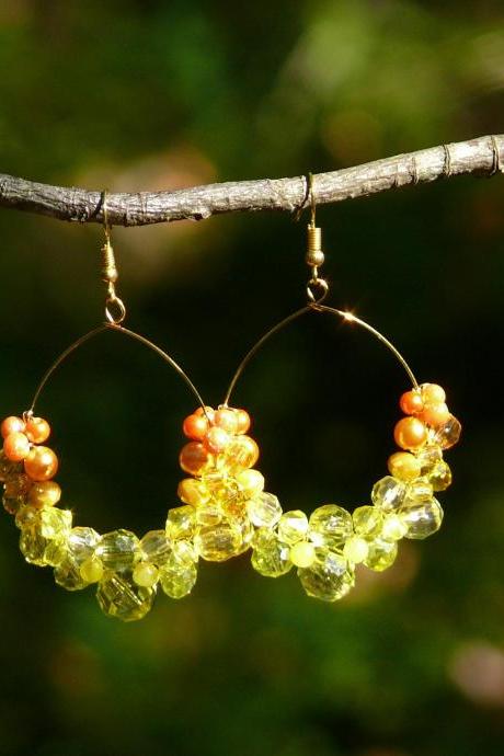 Yellow hoop earrings, Ombre beaded hoops with glass beads, large hoop earrings, golden boho earrings, gift for her, 3 inch hoops